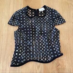 3.1 Phillip Lim Silk Organza Embroidered Lattice Detail Wavy Hemline Blouse